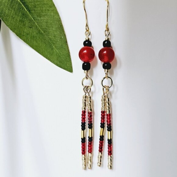 2/$27 | Red + Black Beaded Indigenous Native Fringe Earrings | Handmade - Picture 6 of 6